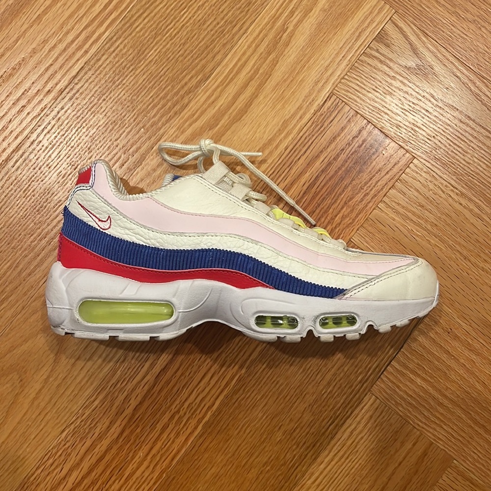 Nike Air Max 95, white leather with neon, red, pink and blue stripes. Womens 8.5